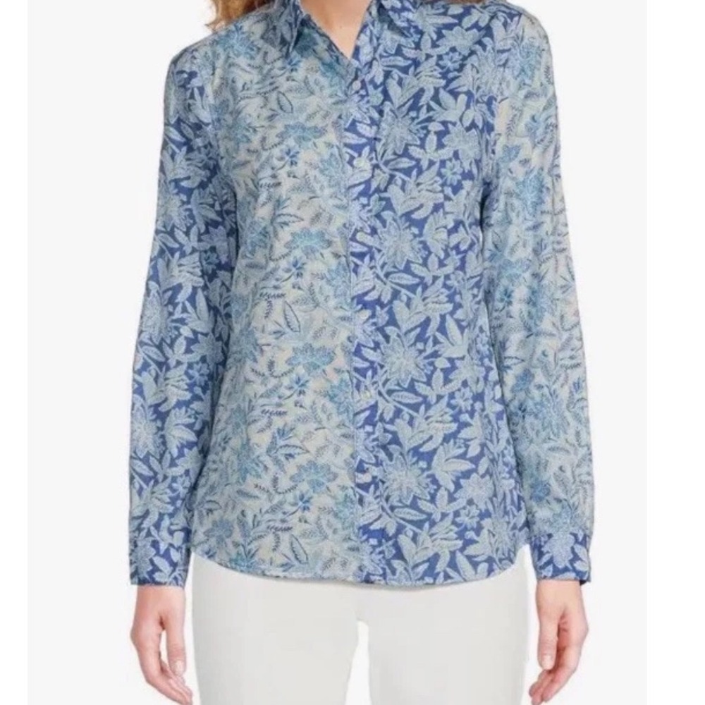 J. Mclaughlin Lois Cotton Button Front Blouse  Size Large Long Sleeve Blue White